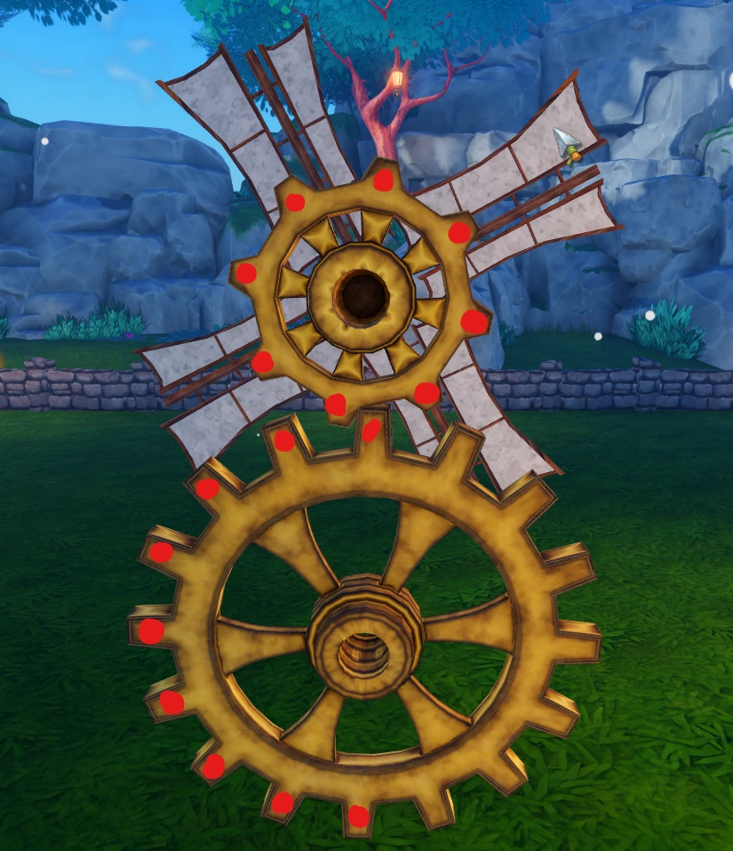Diagram in The Portal showing an 8 tooth small gear driving a 16 tooth big gear, marked with red and green tooth markers
