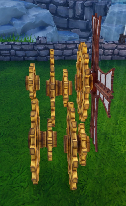 A completed compact gear stack in The Portal built from alternating small and large cogs