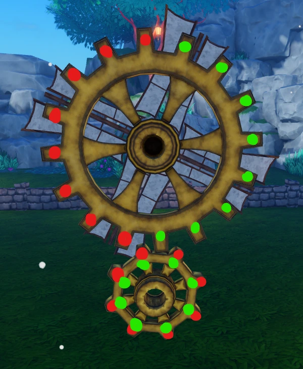 Diagram in The Portal showing a 16 tooth big gear driving an 8 tooth small gear, marked with red and green tooth markers
