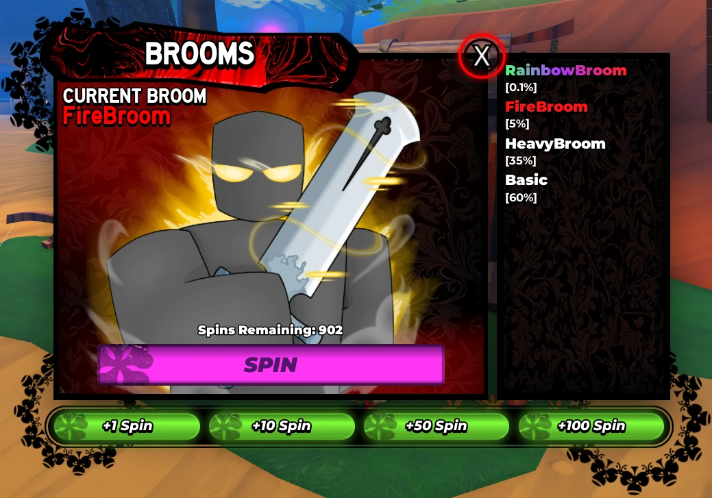 BroomGacha spin interface showing Broom chances and the spin button in Clover Origins