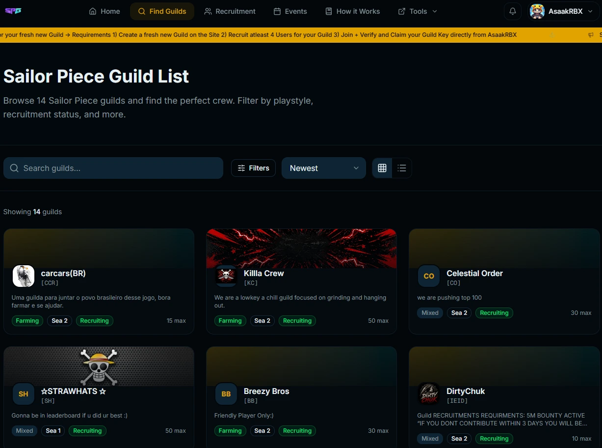 SailorPieceGuilds guild directory showing recruiting guilds and requirements