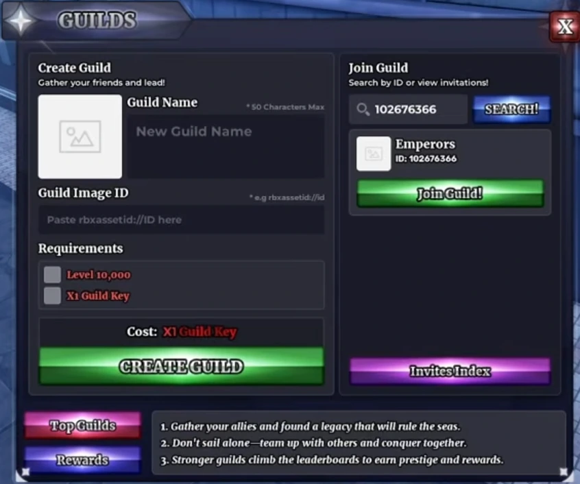 Guild Master NPC menu used to create a guild in Sailor Piece