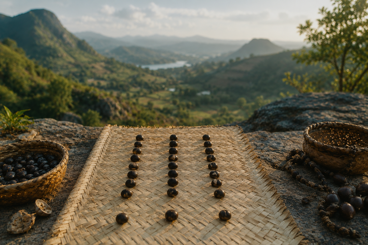 SikidyChapelet divinatoire et noix de palme du Fâ posés sur une table de bois, tradition des devins bokonon du Bénin