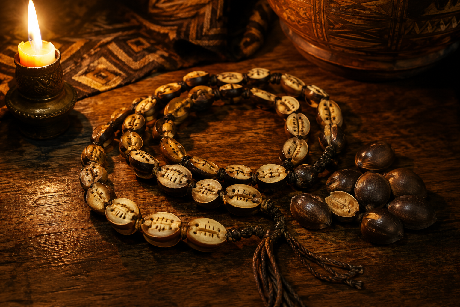 Fa IfaChapelet divinatoire et noix de palme du Fâ posés sur une table de bois, tradition des devins bokonon du Bénin