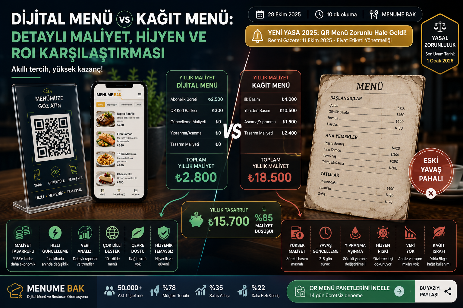 Dijital Menü vs Kağıt Menü: Detaylı Maliyet, Hijyen ve ROI Karşılaştırması