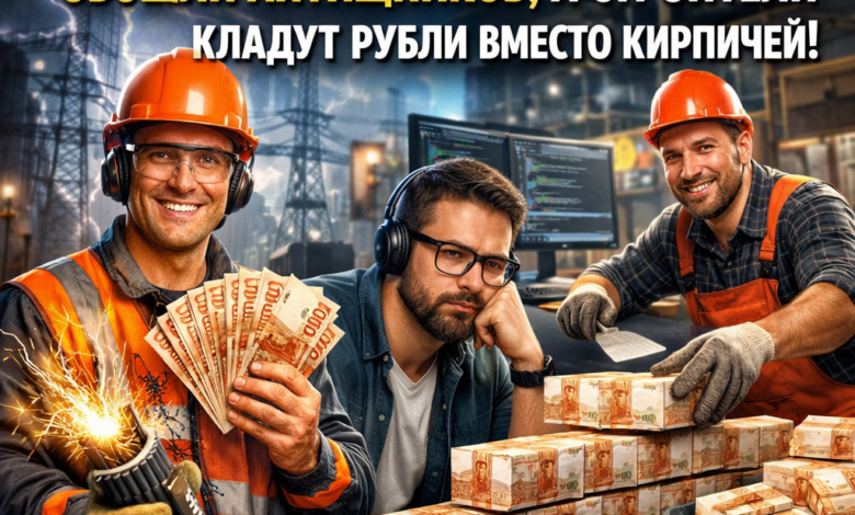Работники с деньгами на стройке и заводе