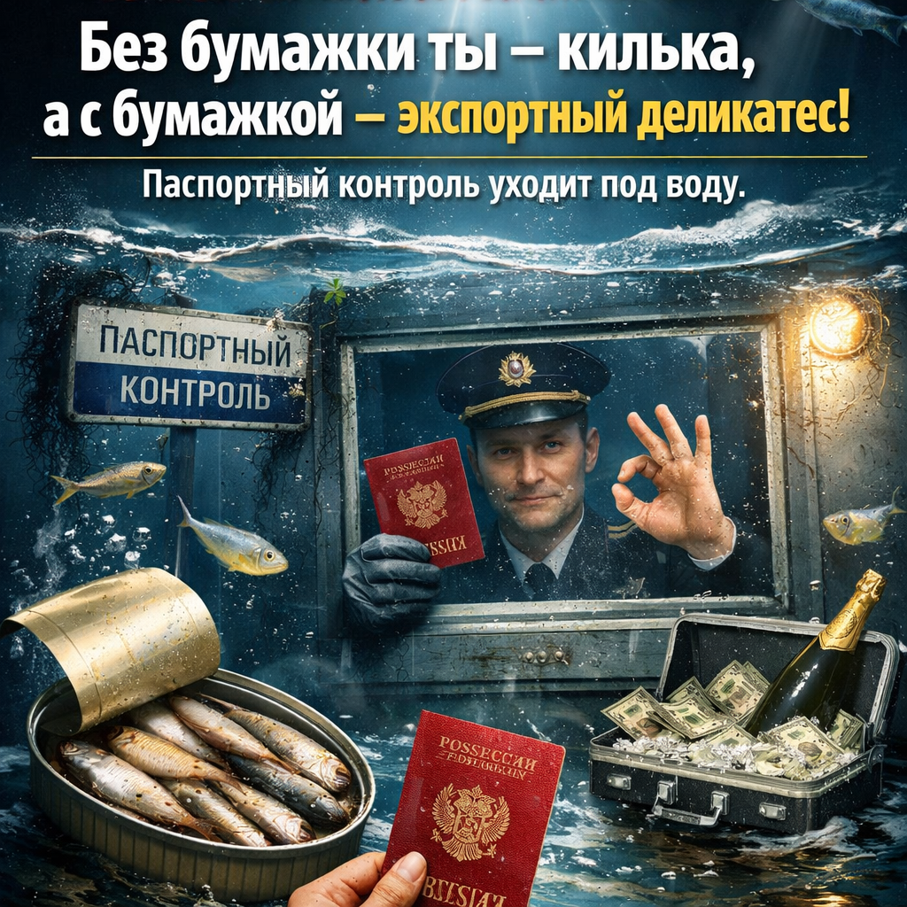 Паспортный контроль под водой с рыбами и деньгами