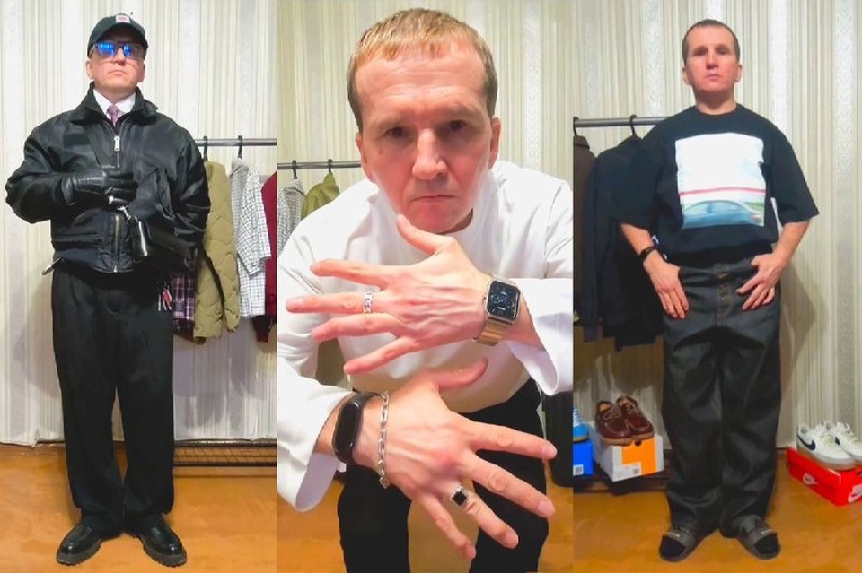 Дворник в рабочей одежде, держащий метлу, на фоне города, демонстрирующий стиль