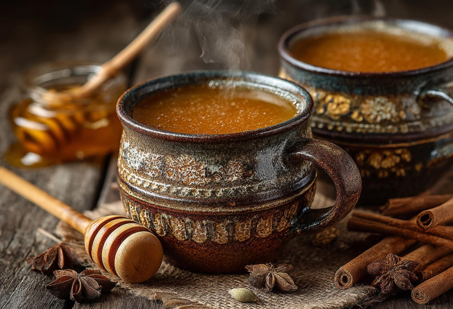 Фотография дымящегося сбитня в красивом кувшине, украшенном специями и фруктами