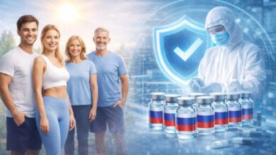 Иллюстрация, символизирующая научные исследования и процесс похудения, с элементами русской культуры.