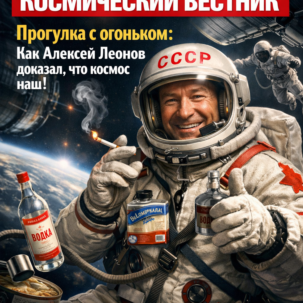 Алексей Леонов в открытом космосе во время своей исторической прогулки, демонстрируя смелость и освоение космоса человеком.