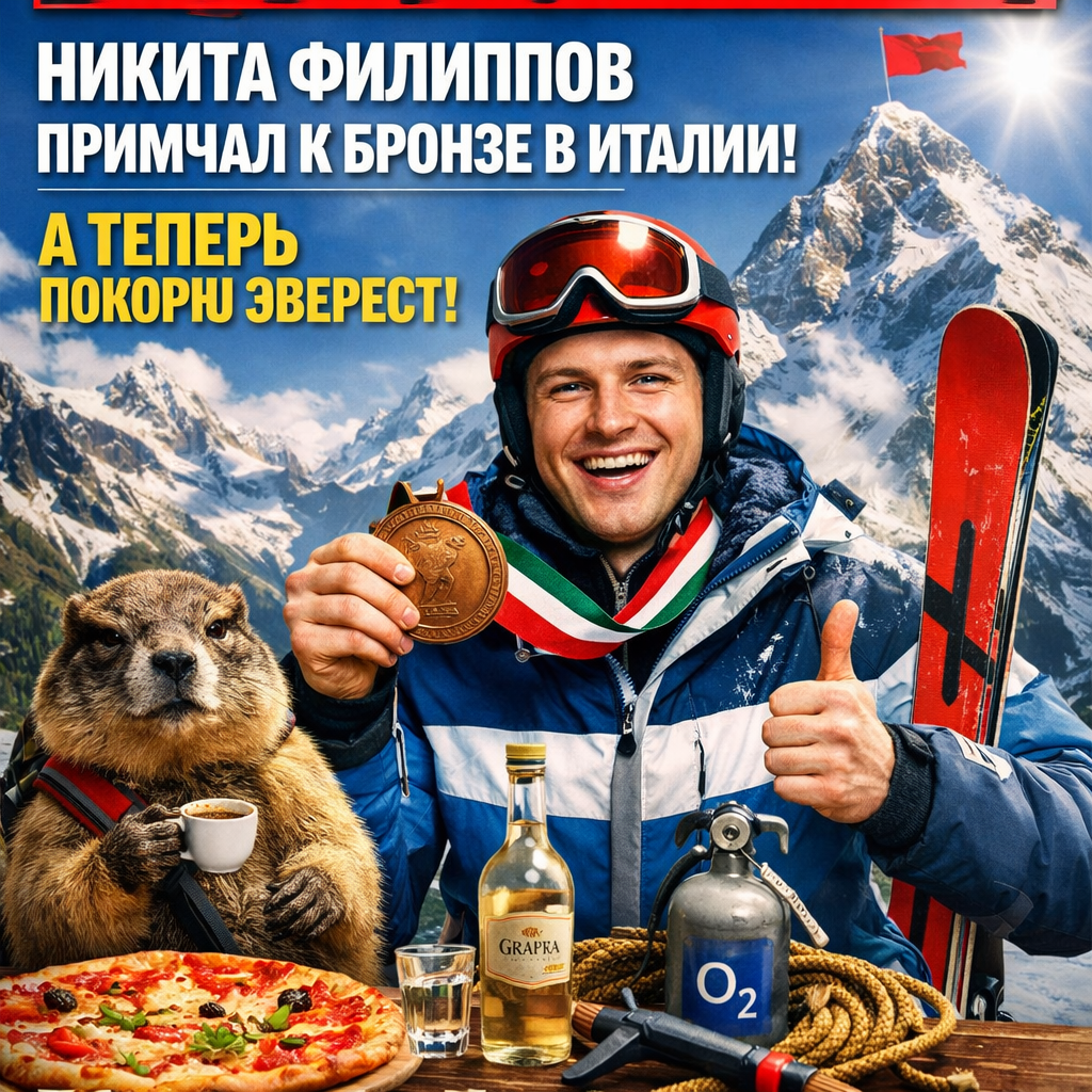 Никита Филиппов на пьедестале с бронзовой медалью в Италии, на фоне заснеженных гор.