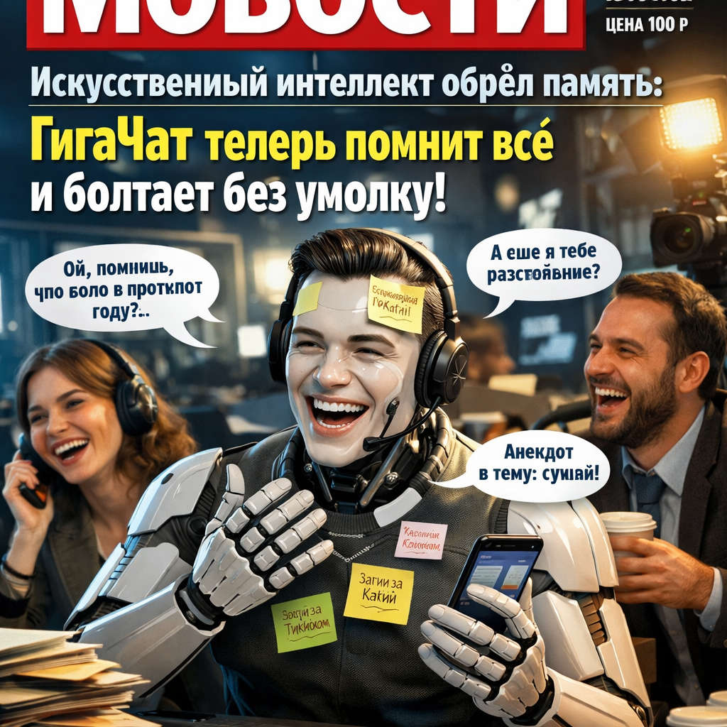 Изображение, символизирующее искусственный интеллект с развитой памятью, возможно, нейронные сети или футуристический интерфейс, демонстрирующий бесконечный диалог.