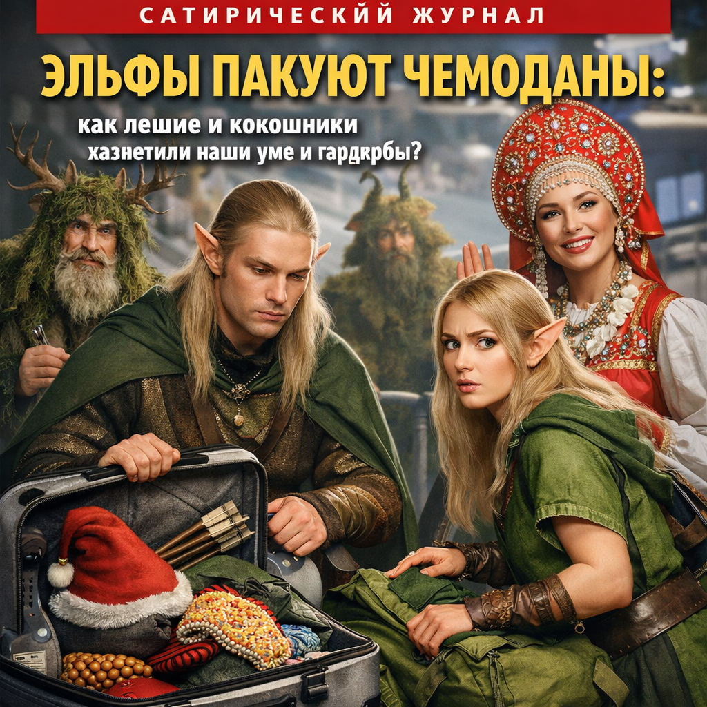Иллюстрация, изображающая эльфов, пакующих чемоданы, с элементами русского фольклора, такими как лешие и кокошники, интегрированными в их одежду и багаж.