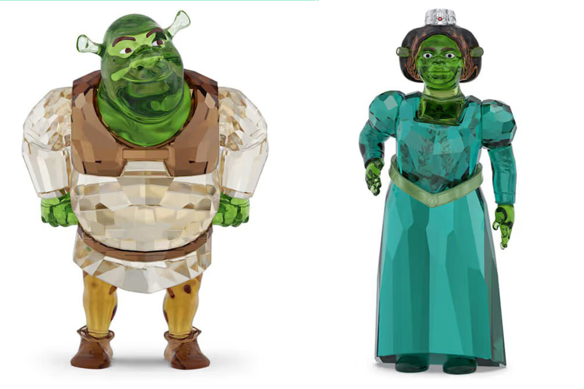 Shrek the ogre completely covered in sparkling Swarovski crystals, presented as a luxurious and dazzling art piece.