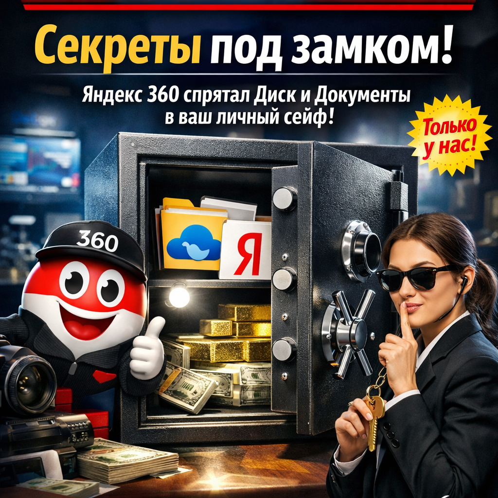 Иконки Яндекс Диска и Яндекс Документов, запертые в стилизованном сейфе с логотипом Яндекс 360.