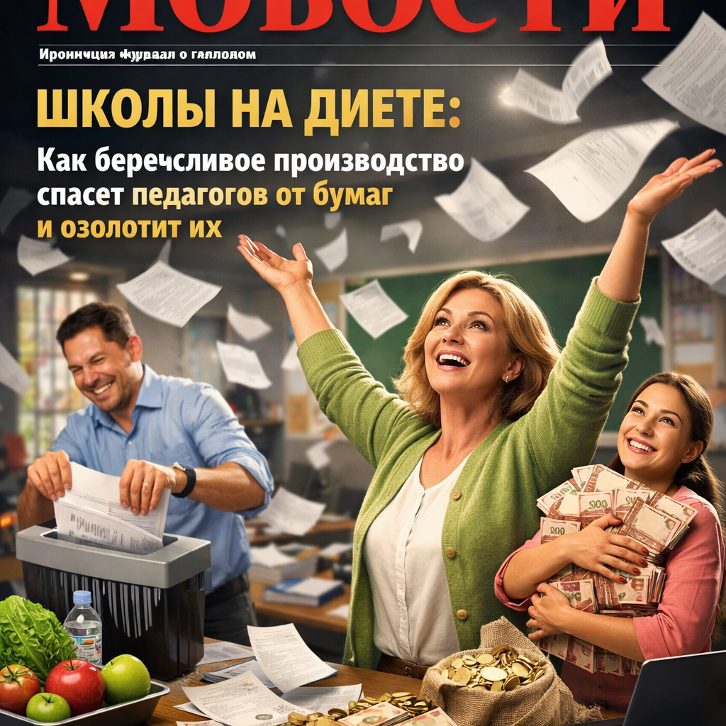Педагог работает за компьютером, рядом стопка бумаг, символизирующая бюрократию, и значок бережливого производства