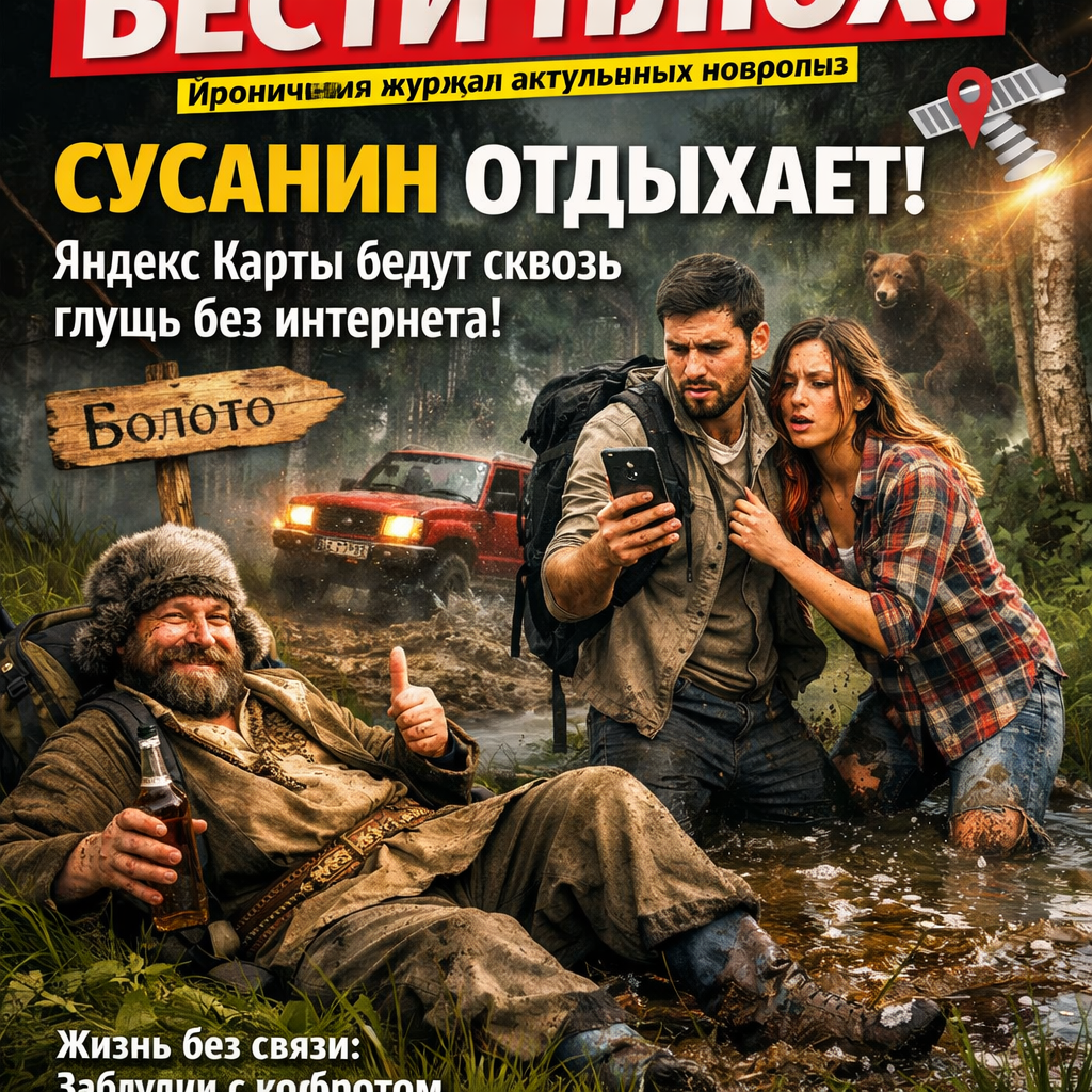 Иллюстрация: Иван Сусанин отдыхает на поляне, рядом лежит смартфон с открытой картой Яндекс