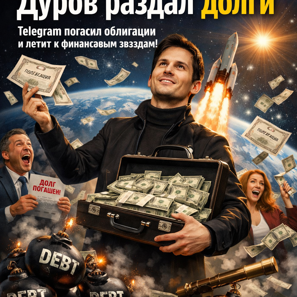 Павел Дуров на фоне логотипа Telegram, символизирующего финансовый успех