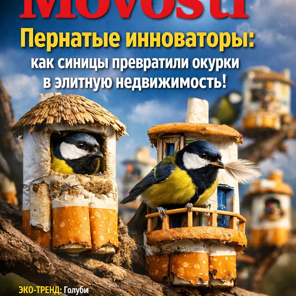 Синица строит гнездо, используя окурки сигарет