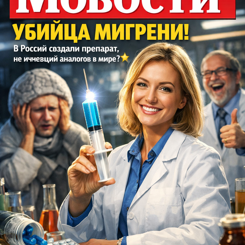 Изображение упаковки нового российского препарата от мигрени, который не имеет аналогов в мире. Возможно, также изображение молекулы или лаборатории.