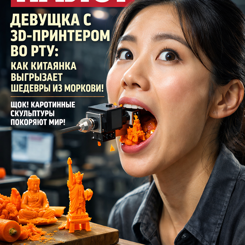 Девушка с 3D-принтером во рту вырезает фигуру из моркови