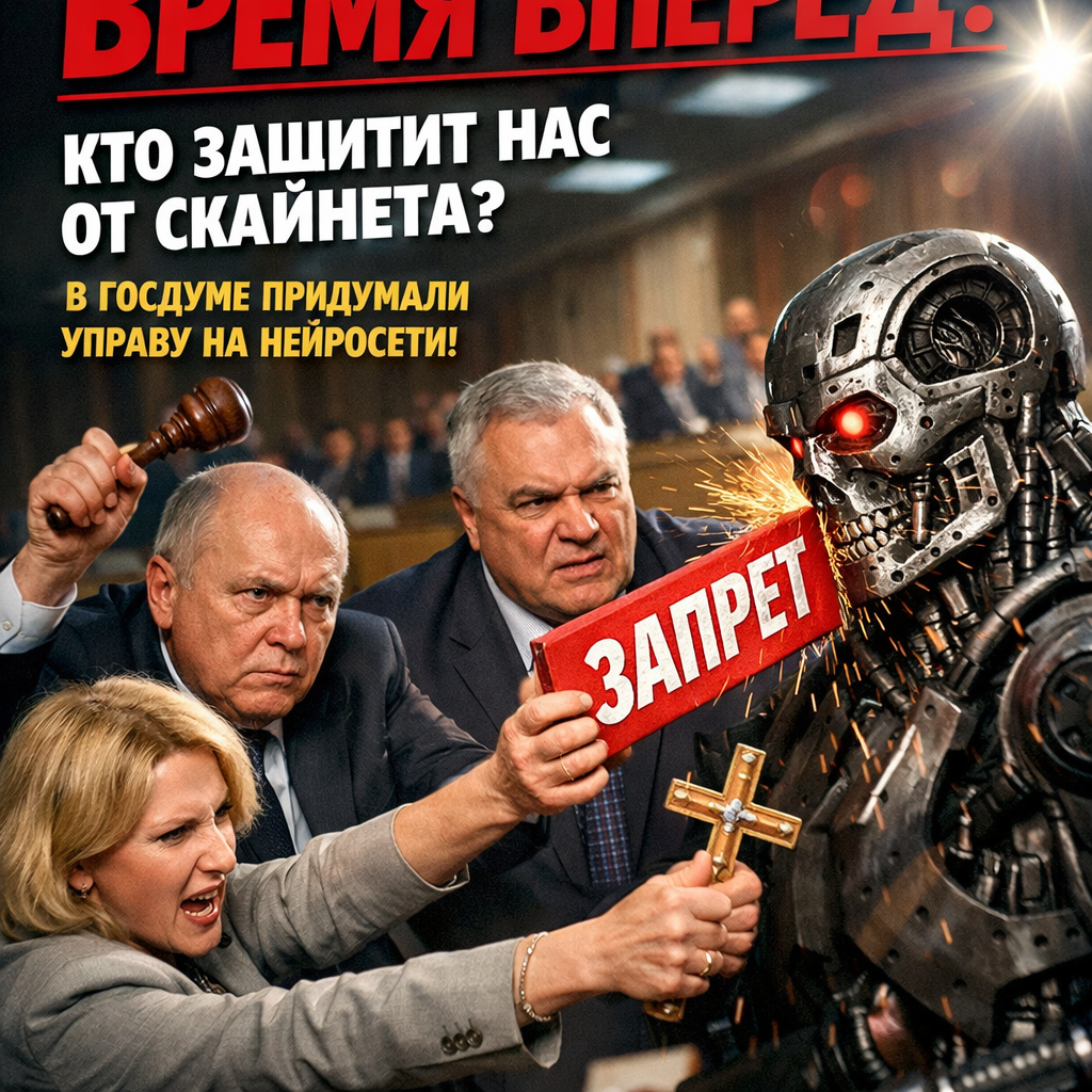 Иллюстрация, символизирующая защиту от искусственного интеллекта, с элементами российского законодательства