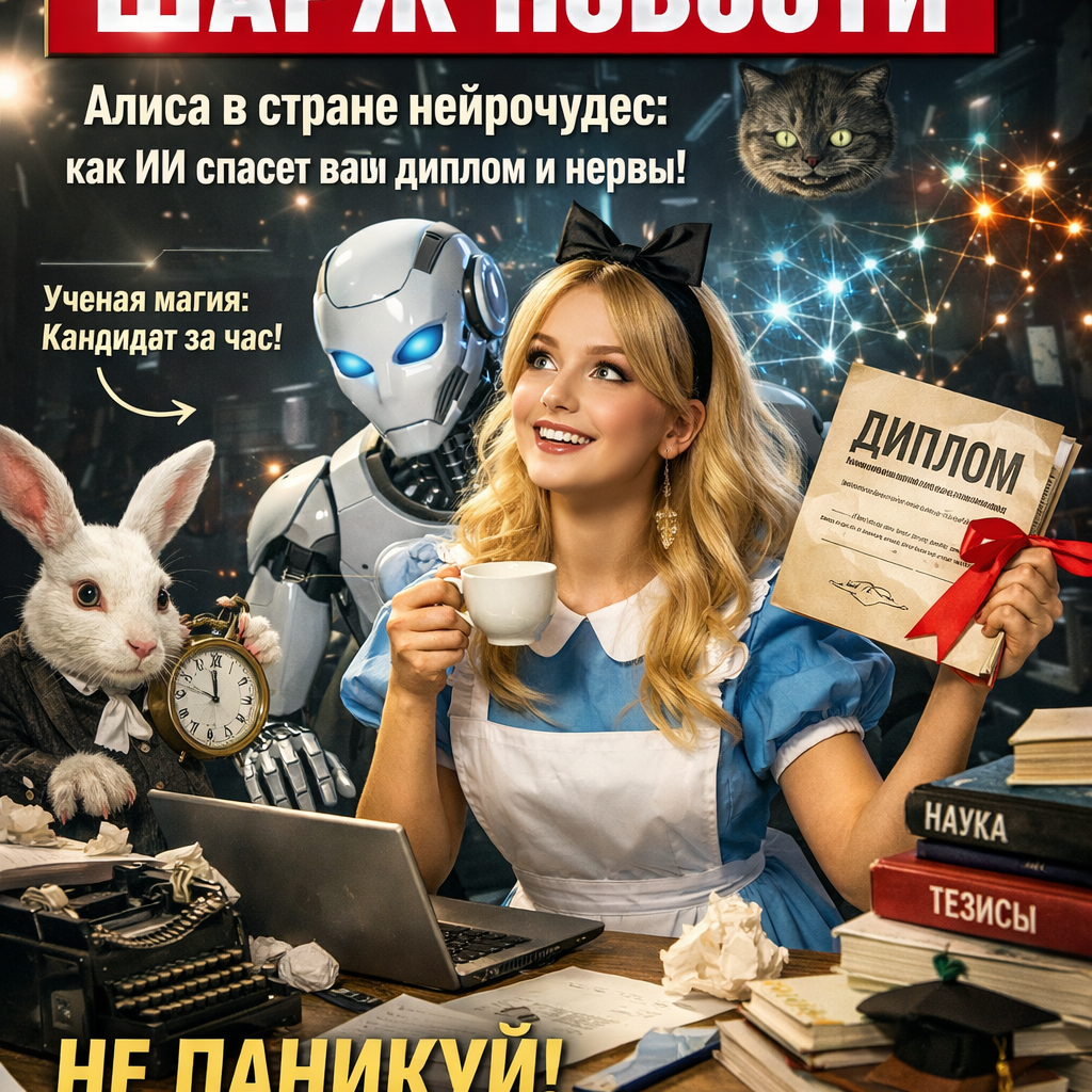 Иллюстрация Алисы, сидящей за столом с ноутбуком, окруженной летающими нейронными сетями и научными символами. На экране ноутбука виден текст, связанный с написанием дипломной работы.