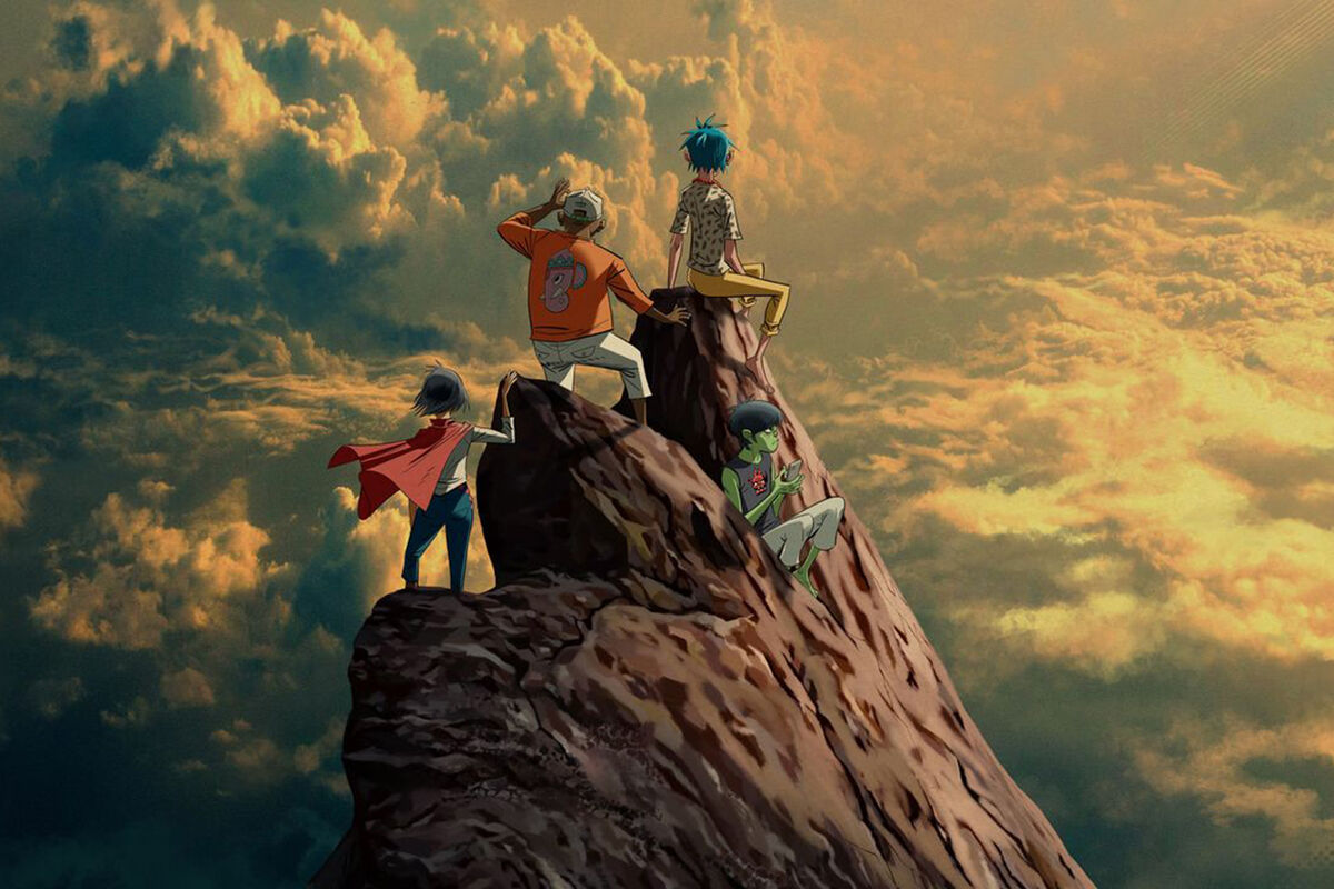 An artistic interpretation of Gorillaz characters encountering Vlad the Tooth Fairy within a surreal, labyrinthine landscape inspired by nirvana.