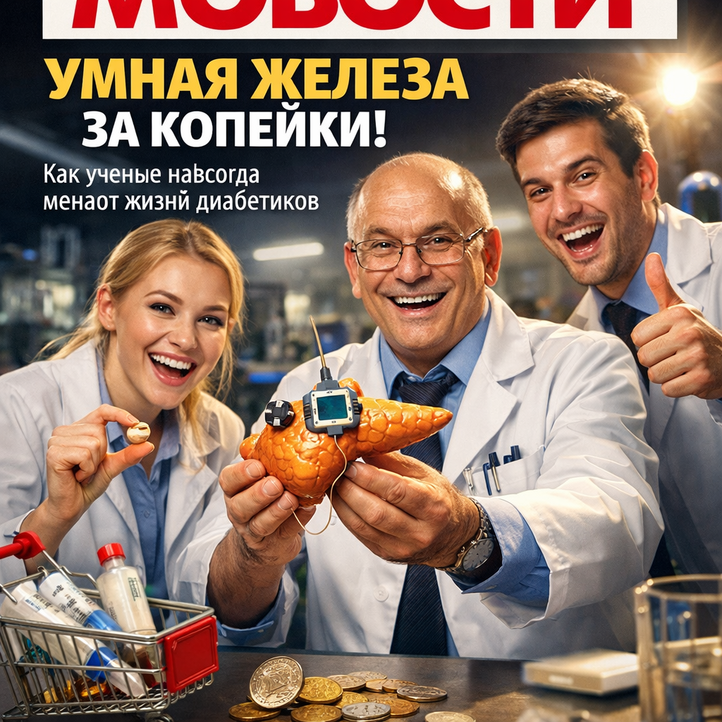 Изображение, символизирующее прорыв в лечении диабета: умная железа, искусственная поджелудочная железа, медицинские технологии, научные исследования, облегчение жизни пациентов.