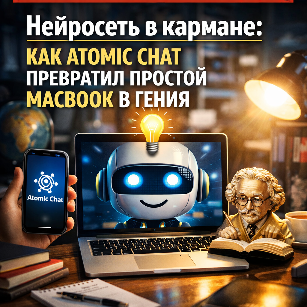 Изображение MacBook с открытым приложением Atomic Chat, демонстрирующим возможности нейросети
