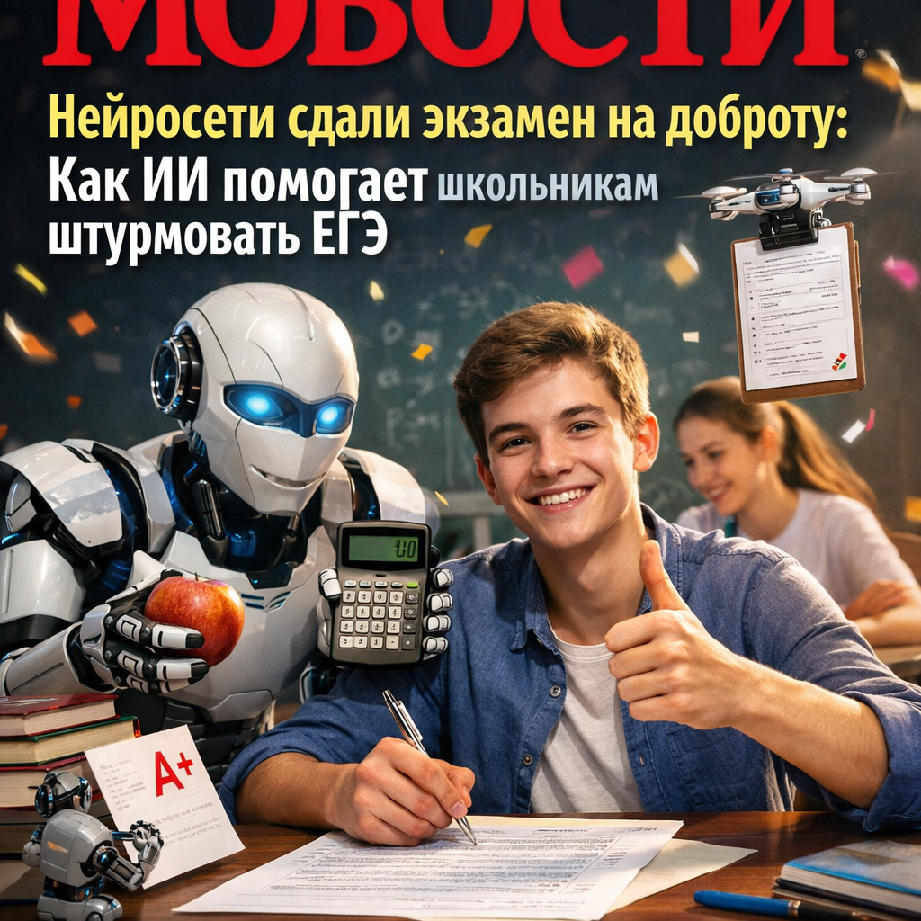 Иллюстрация, изображающая нейросеть, помогающую школьнику готовиться к ЕГЭ, с элементами экзаменационных билетов и цифровых данных.