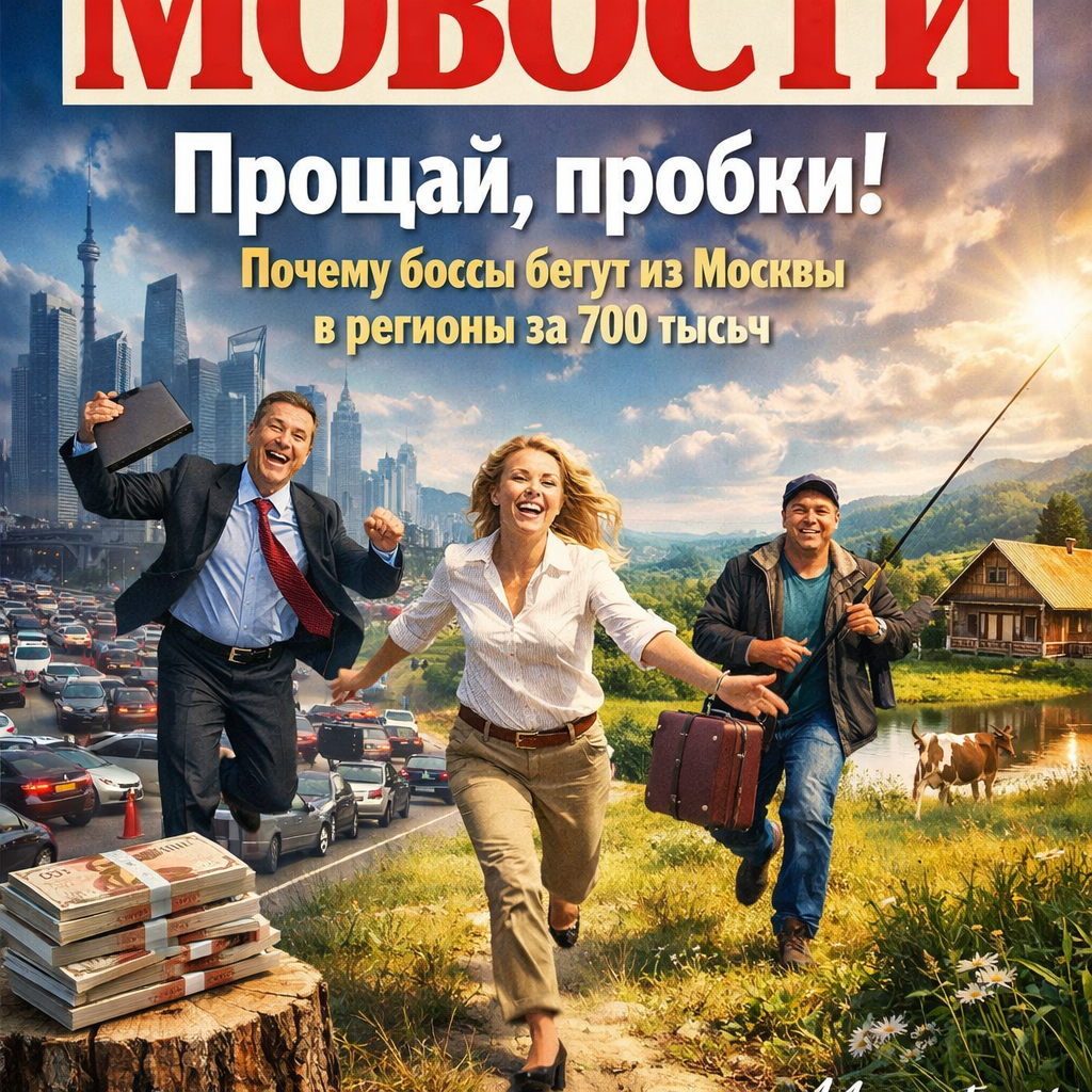 Логотип или изображение, символизирующее переезд из города в регион, возможно, с намеком на работу и деньги.