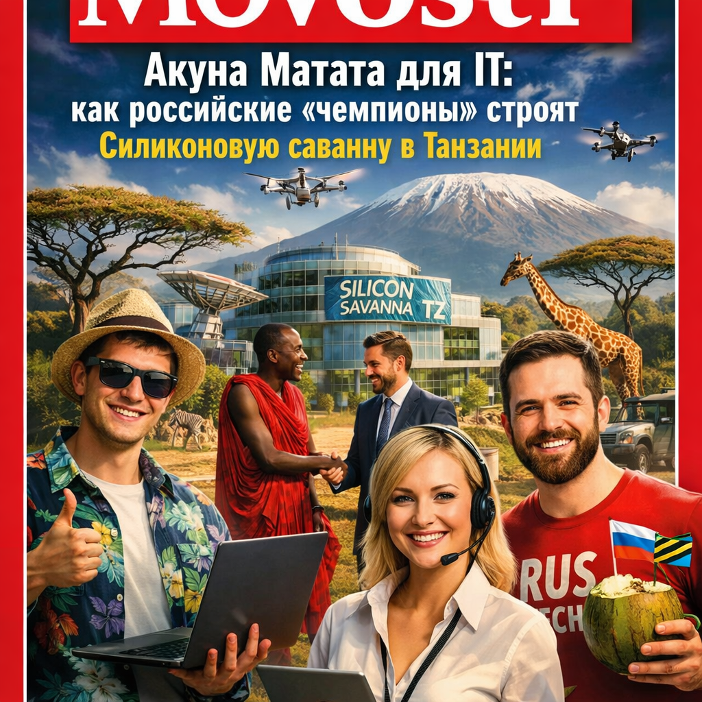 Логотип 'Акуна Матата' на фоне танзанийского пейзажа с IT-символами
