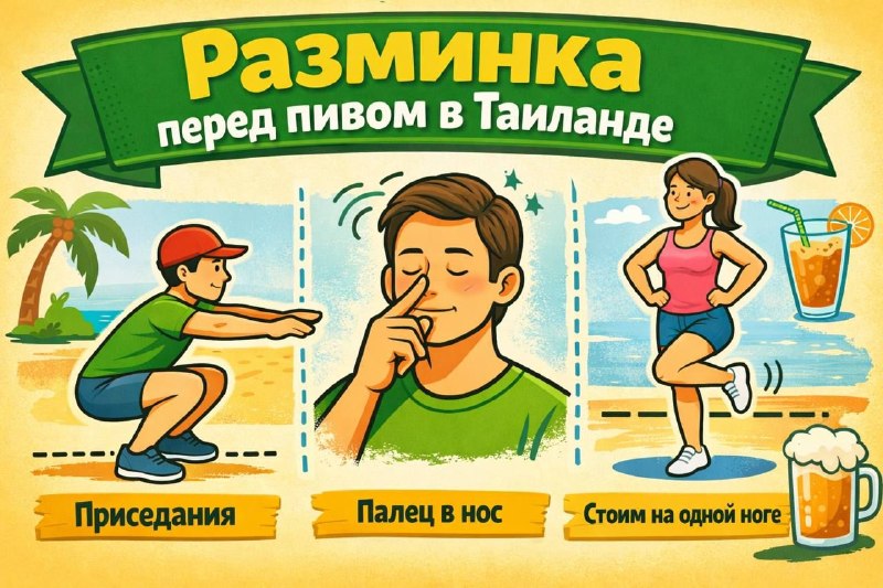 Человек стоит на одной ноге в позе цапли, держа в руке бутылку пива, на фоне тайской тематики