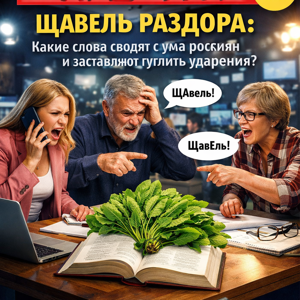 Иллюстрация с изображением щавеля и вопросительных знаков, символизирующих споры об ударении в словах