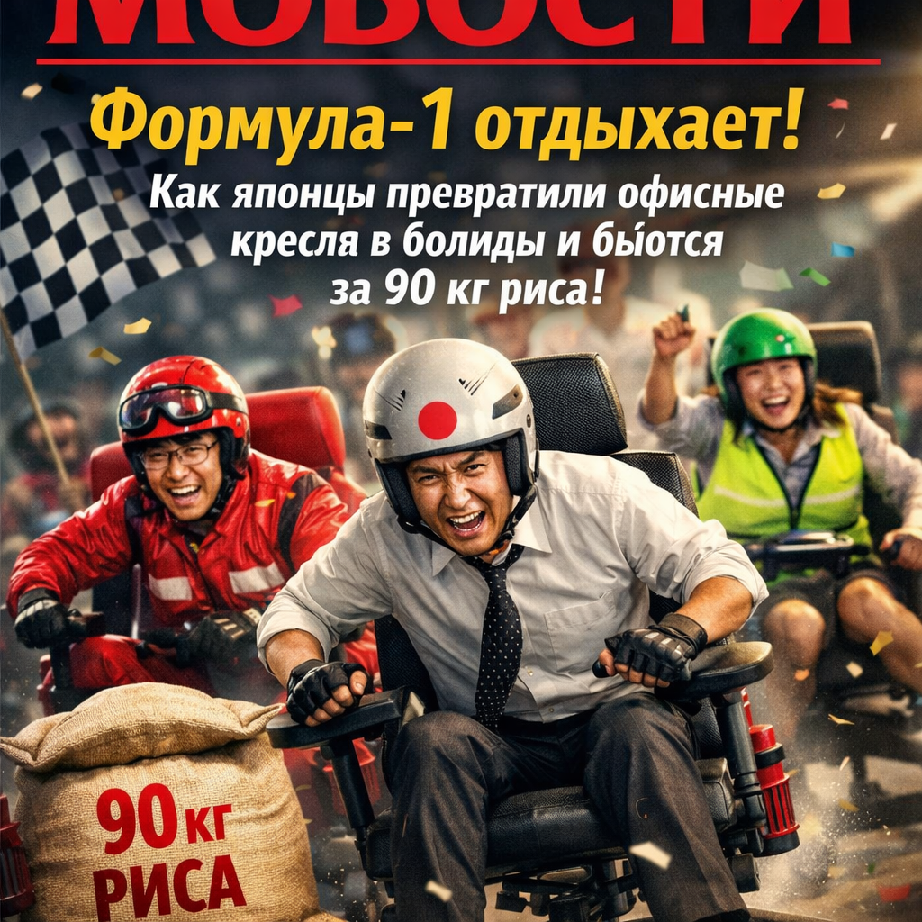 Японские гонщики в модифицированных офисных креслах, стилизованных под болиды Формулы-1, соревнуются на трассе за приз в 90 кг риса