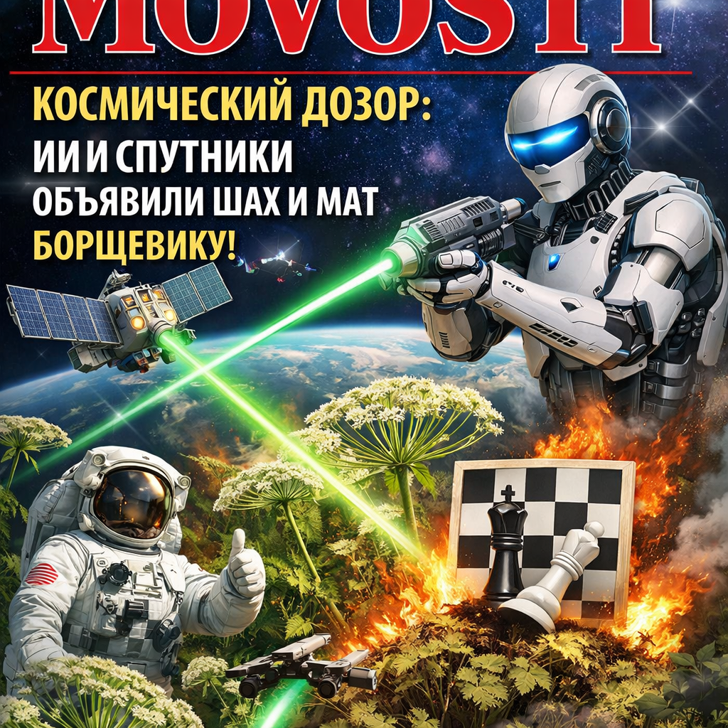 Изображение спутника, сканирующего Землю, с наложенными данными о распространении борщевика, символизирующее использование технологий для борьбы с инвазивным растением.