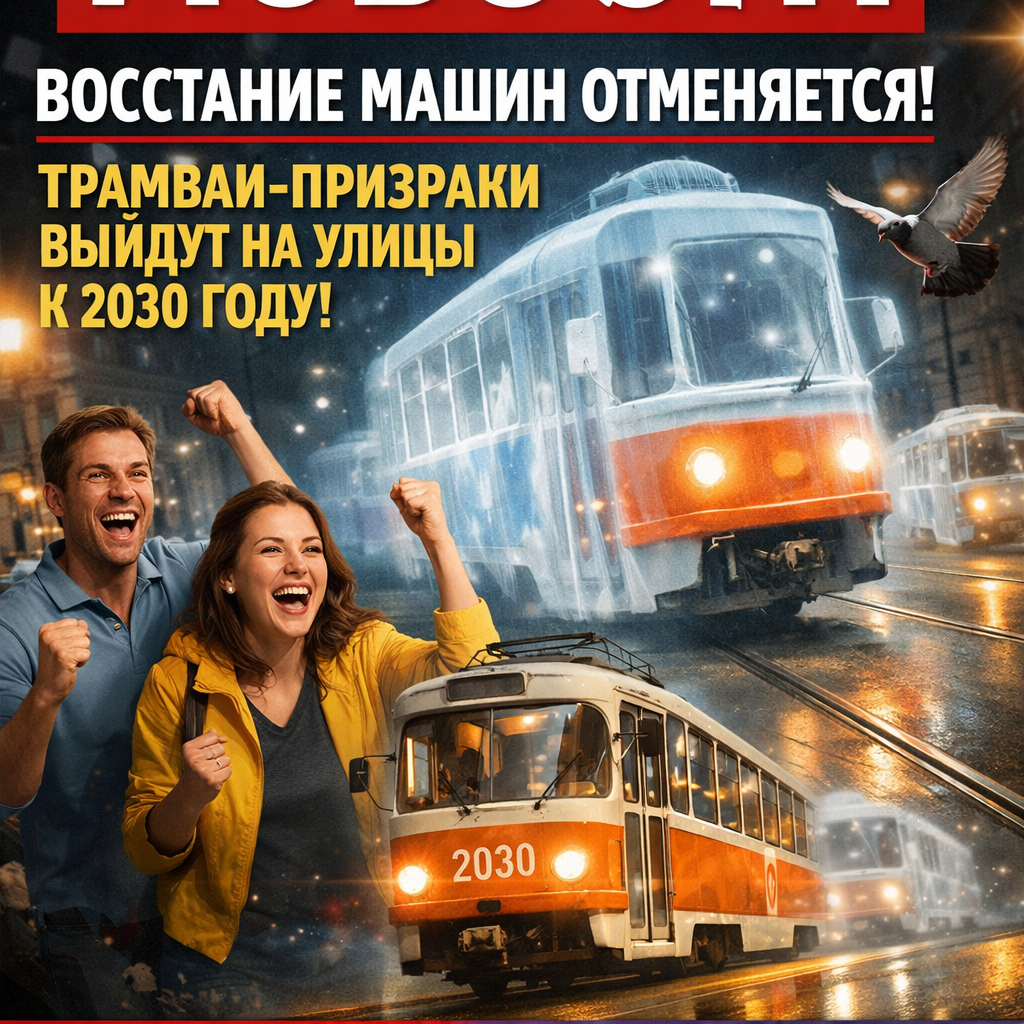 Футуристический концепт трамвая-призрака, полупрозрачный и светящийся, движущийся по ночному городу.
