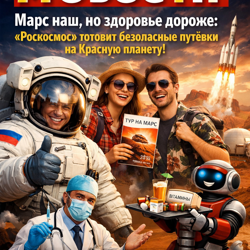 Иллюстрация с ракетой Роскосмоса, летящей к Марсу, на фоне Земли и звёзд. Название "Марс наш" и "Здоровье дороже".