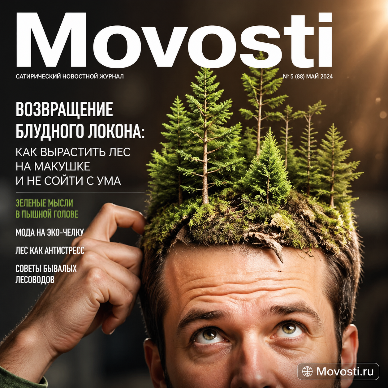 Изображение человека с густыми волосами, растущими на макушке, символизирующими возвращение блудного локона.