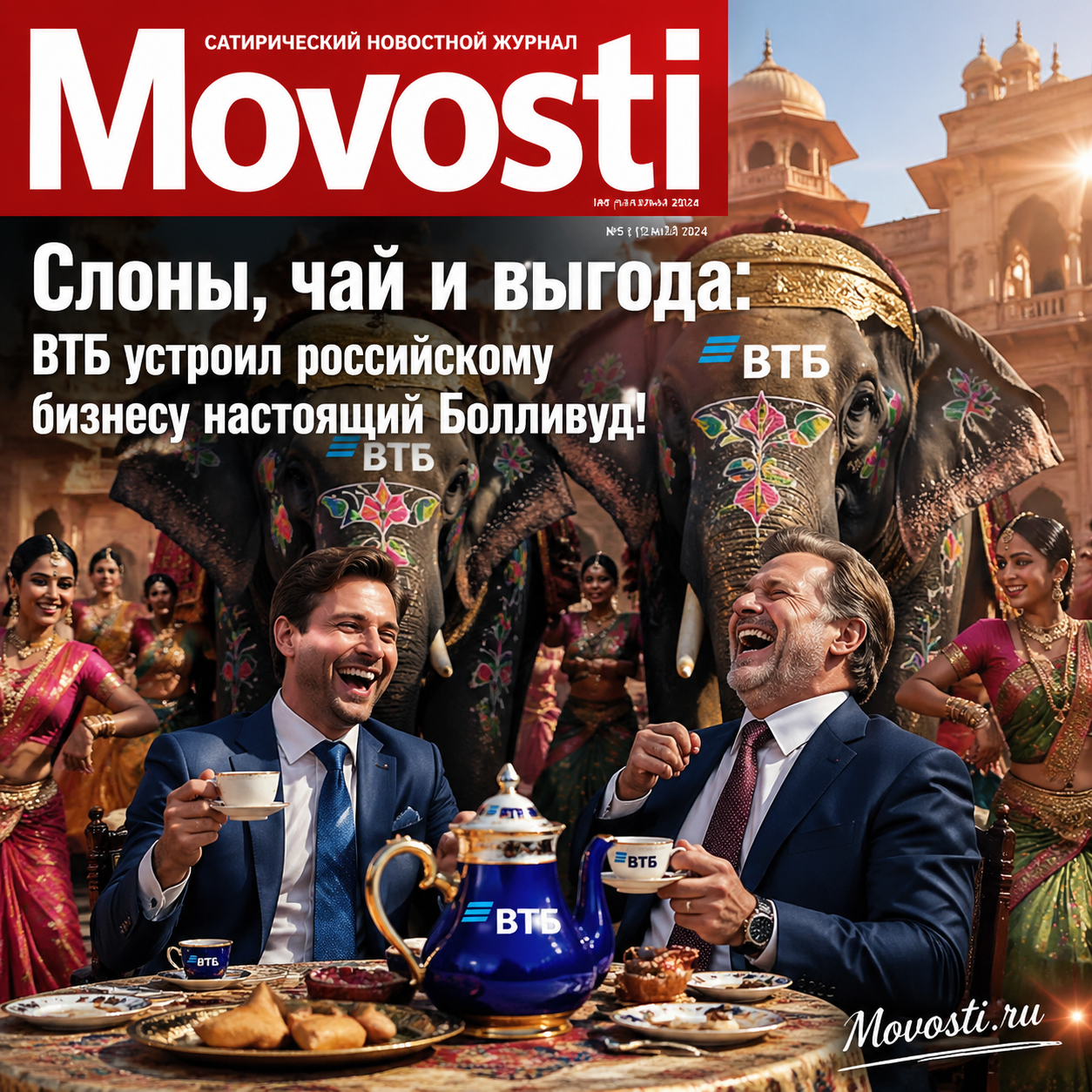 Изображение, иллюстрирующее событие ВТБ с участием слонов и чая, символизирующее бизнес-успех
