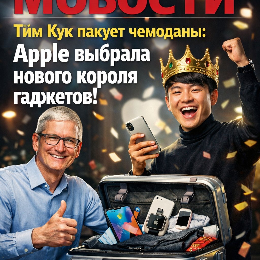 Тим Кук с чемоданами, символизирующими переход власти в Apple