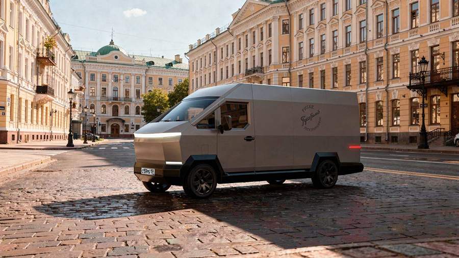 Изображение Илона Маска и стального автомобиля Руссо-Балтъ, конкурента Tesla Cybertruck.