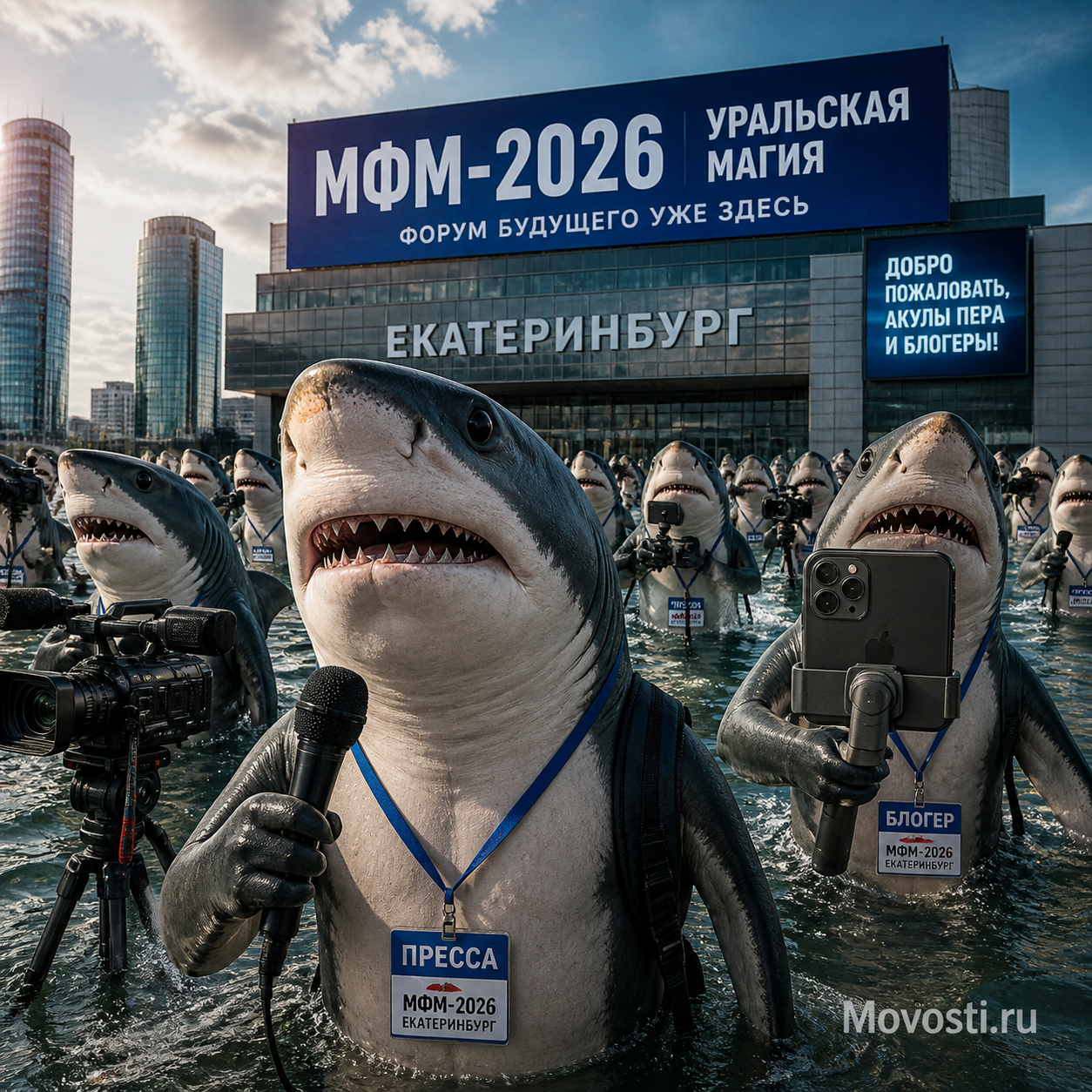 Группа блогеров и журналистов на фоне Екатеринбурга во время МФМ-2026