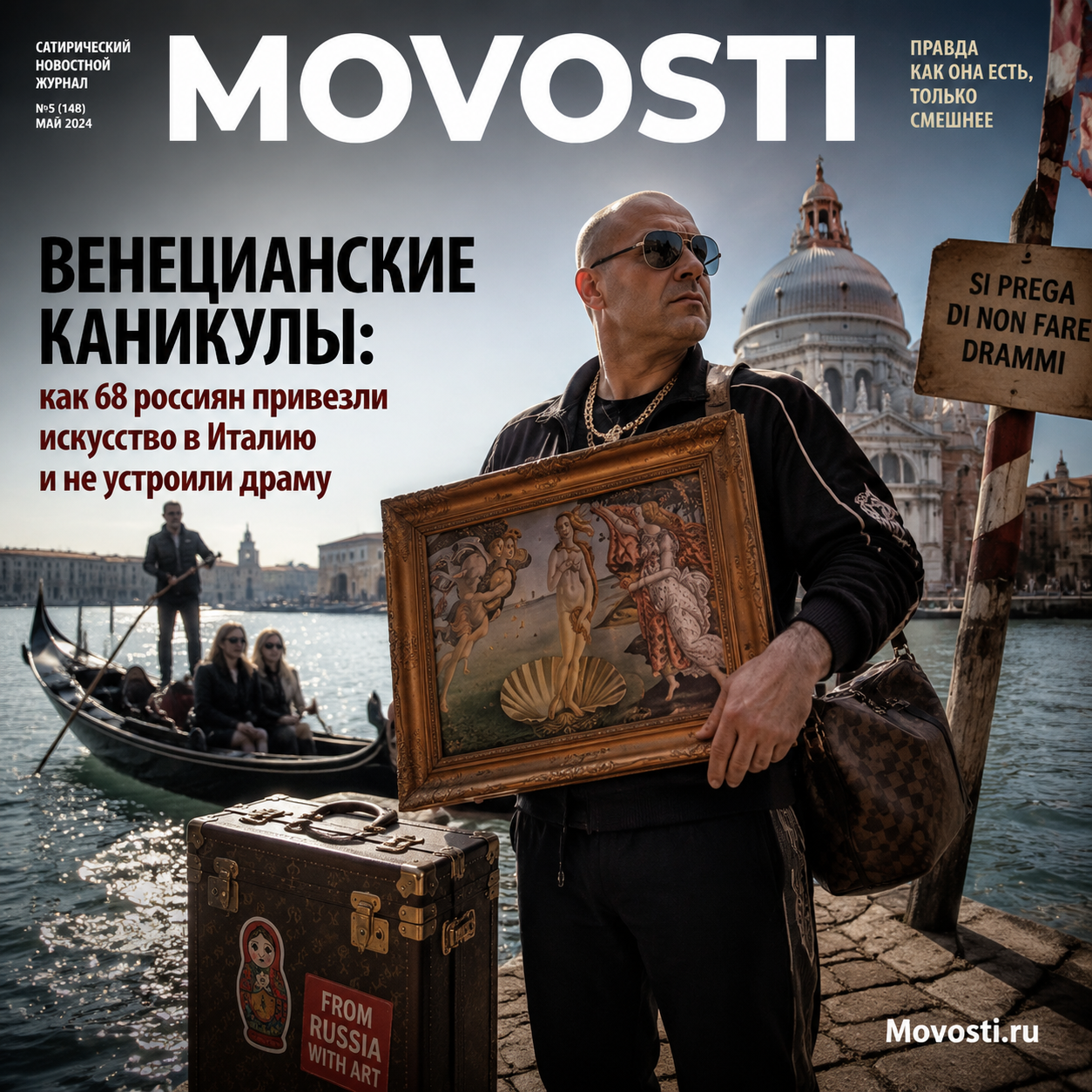 Группа россиян на фоне венецианских каналов с произведениями искусства