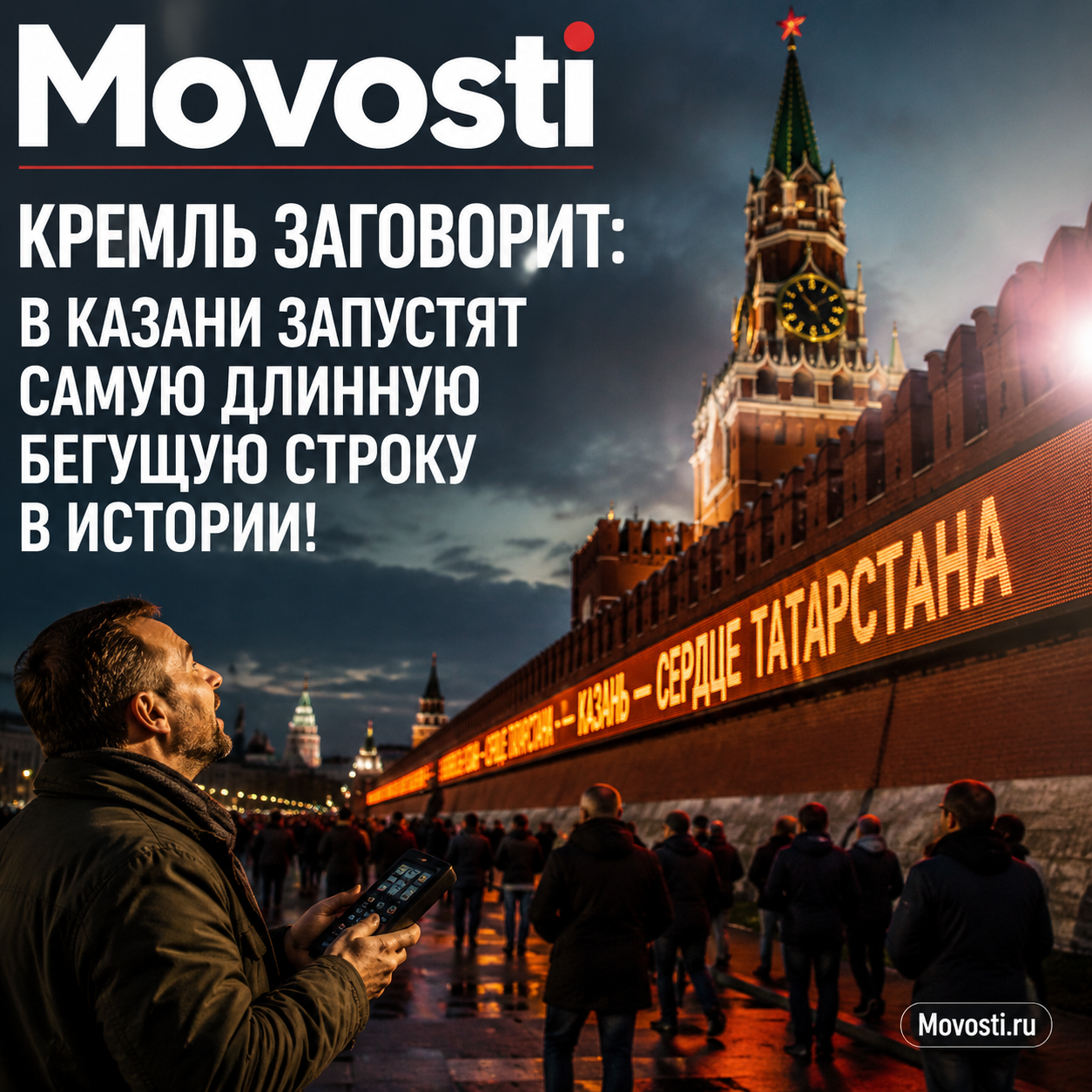 Самая длинная бегущая строка в истории на фоне Кремля в Казани