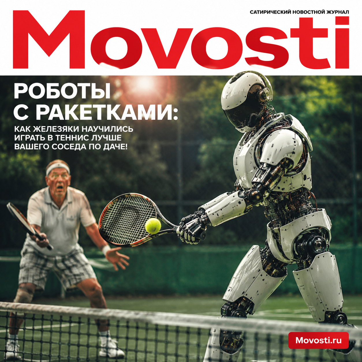 Роботы играют в теннис с ракетками на корте