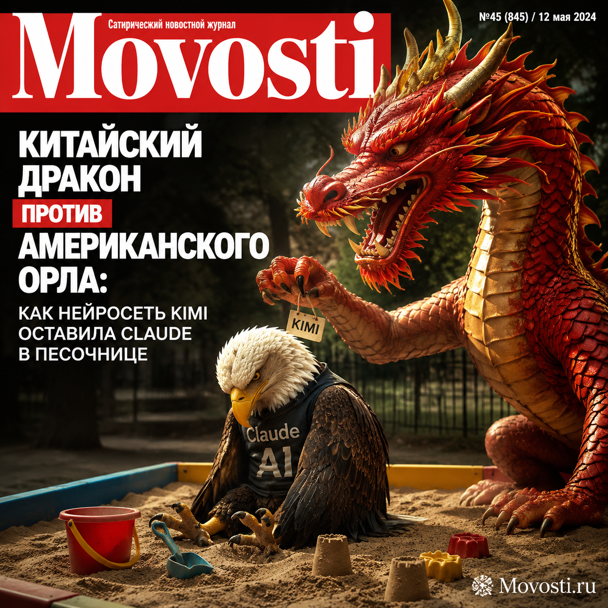 Изображение китайского дракона, сражающегося с американским орлом, на фоне нейросети Kimi