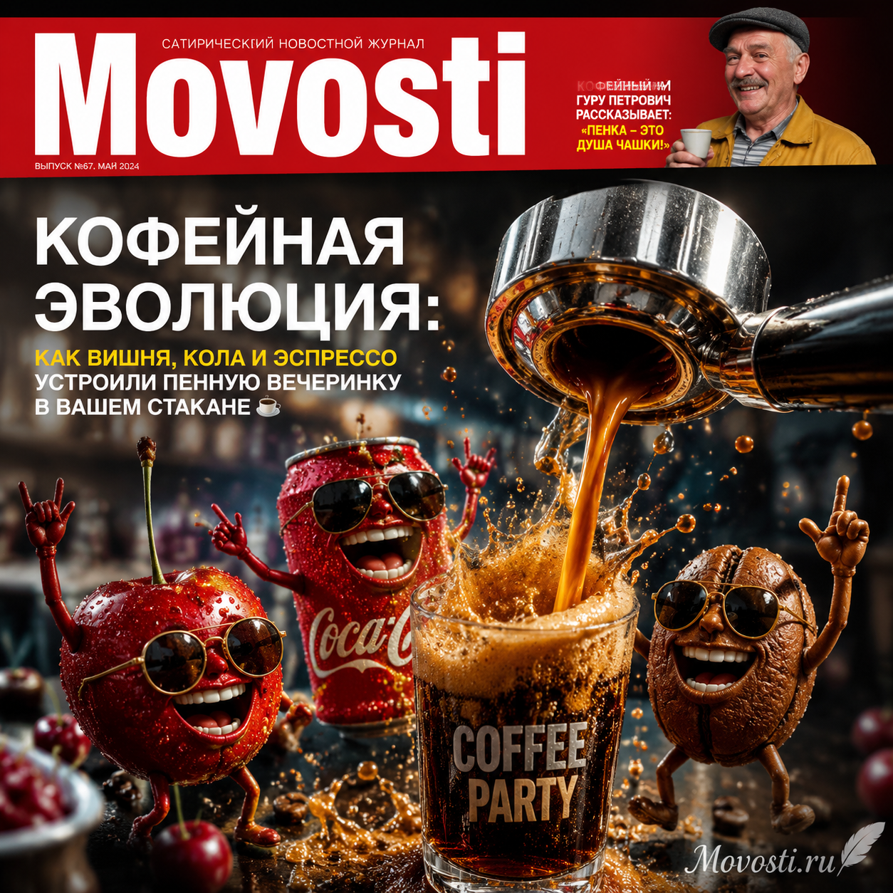 Изображение, иллюстрирующее эволюцию кофе с вишней, колой и эспрессо, создающими пенную вечеринку в стакане.